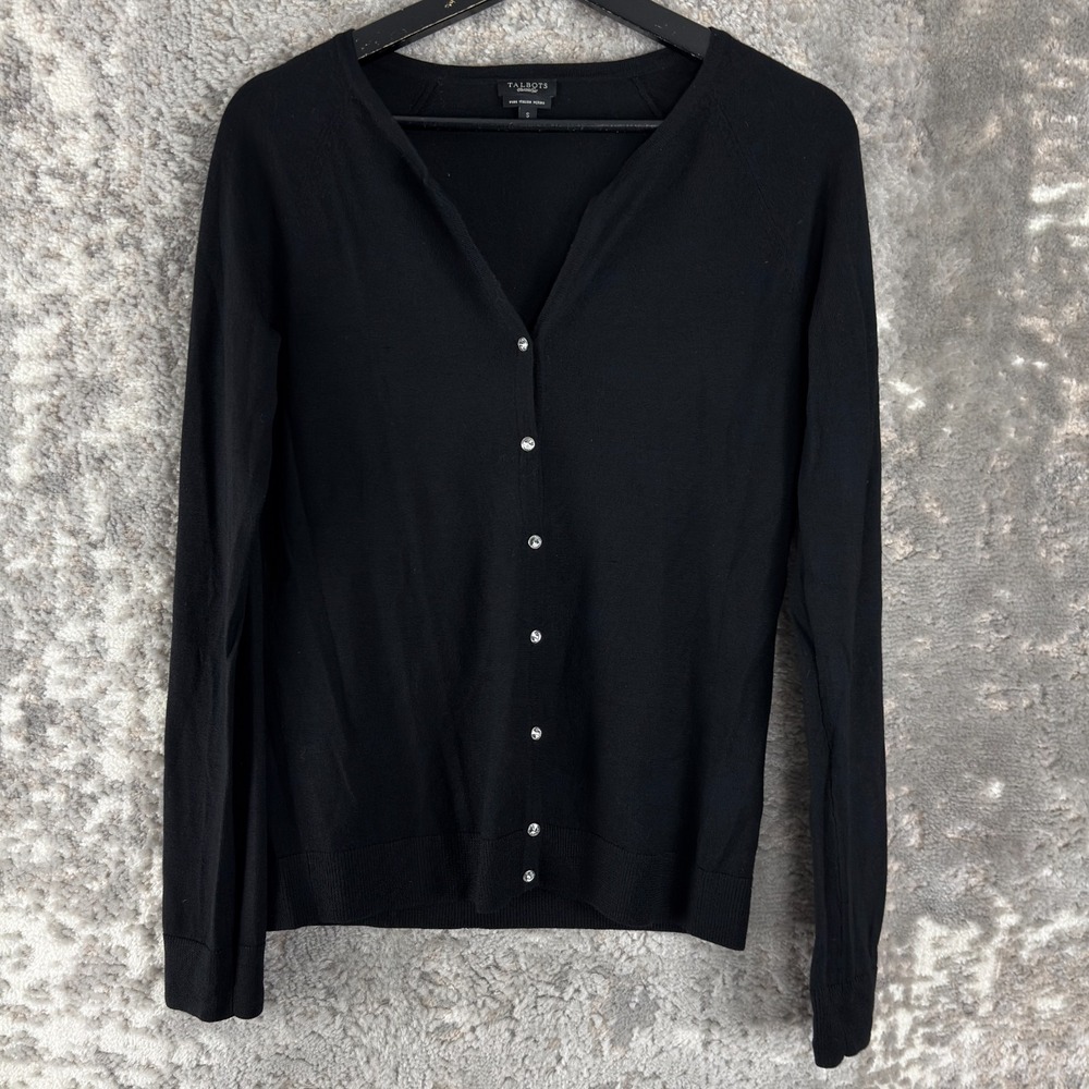 Talbots Size S Pure Italian Merino Wool Cardigan Sweater Black V Neck Casual